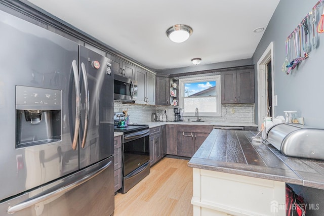 kitchen with dark brown cabinetry, a sink, appliances with stainless steel finishes, backsplash, and light wood finished floors