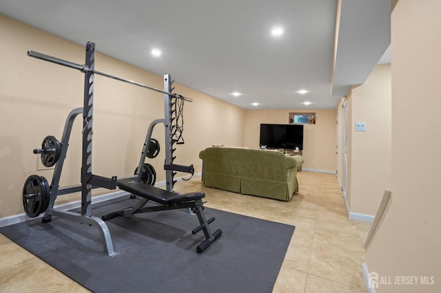 workout room with recessed lighting, baseboards, and light tile patterned floors