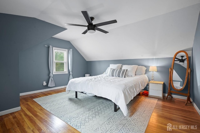 30 Hilliard Rd, Old Bridge, NJ 08857 - bedroom featuring baseboards, vaulted ceiling, wood finished floors, and ceiling fan