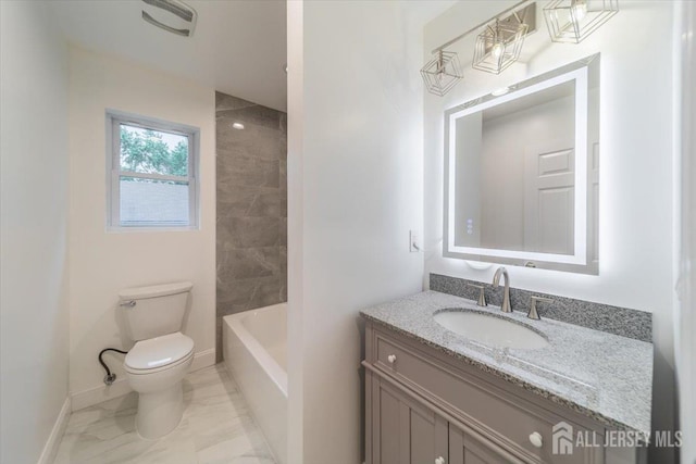 17 Fourth St, Hillsborough, NJ 08821 - bathroom featuring marble look tiles, toilet, vanity, and baseboards