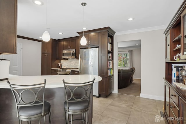 4 Franklin Ct, East Brunswick, NJ 08816 - kitchen with appliances with stainless steel finishes, ornamental molding, a peninsula, open shelves, and tasteful backsplash