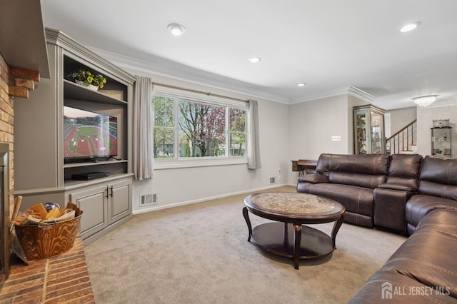 4 Franklin Ct, East Brunswick, NJ 08816 - carpeted living area with stairs, crown molding, and recessed lighting