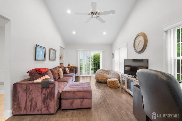 31 Ingram Dr, Monroe, NJ 08831 - living area featuring high vaulted ceiling, a ceiling fan, wood finished floors, and recessed lighting
