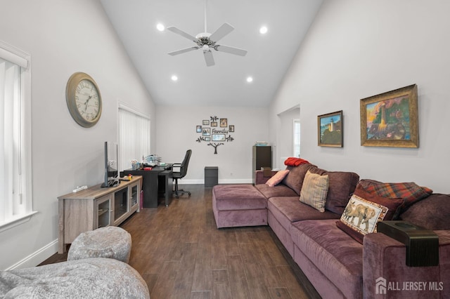 31 Ingram Dr, Monroe, NJ 08831 - living area featuring high vaulted ceiling, ceiling fan, dark wood finished floors, recessed lighting, and a desk