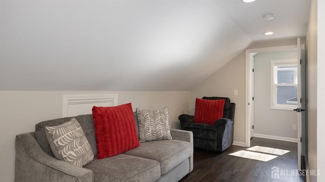 living room with recessed lighting, baseboards, lofted ceiling, and dark wood-style flooring