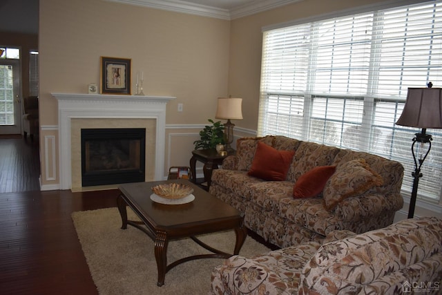 living room featuring ornamental molding and wood-type flooring