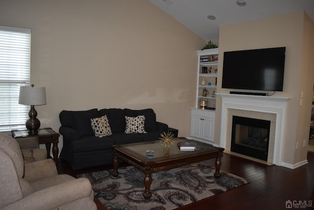 living room featuring vaulted ceiling and dark wood-type flooring