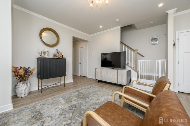 45 Athens Way, Aberdeen, NJ 07721 - living area with wood finished floors, ornamental molding, stairs, and recessed lighting