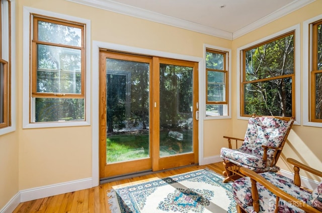 doorway featuring light wood-style floors, baseboards, and crown molding