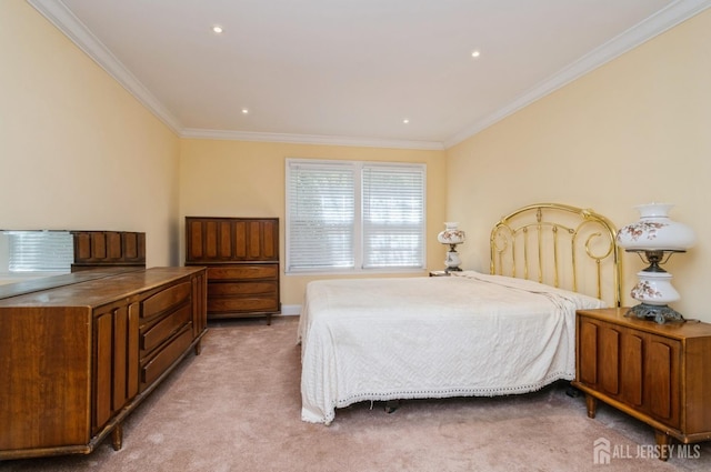 bedroom with crown molding, recessed lighting, and light colored carpet