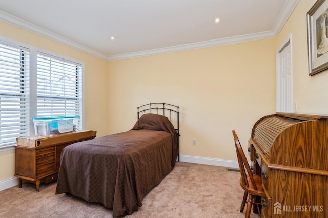 bedroom with baseboards, light carpet, and ornamental molding