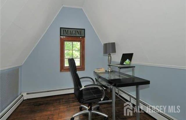 425 Grove Ave, Metuchen, NJ 08840 - home office featuring a baseboard radiator, wood finished floors, lofted ceiling, baseboards, and a baseboard heating unit