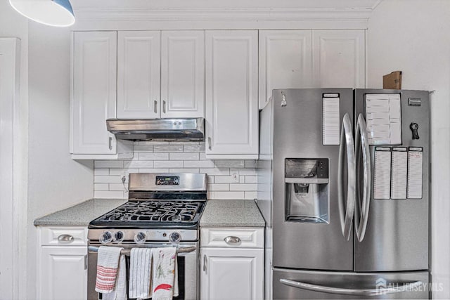 425 Grove Ave, Metuchen, NJ 08840 - kitchen featuring appliances with stainless steel finishes, ventilation hood, white cabinets, and tasteful backsplash