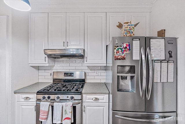425 Grove Ave, Metuchen, NJ 08840 - kitchen featuring stainless steel appliances, under cabinet range hood, white cabinets, tasteful backsplash, and light stone countertops