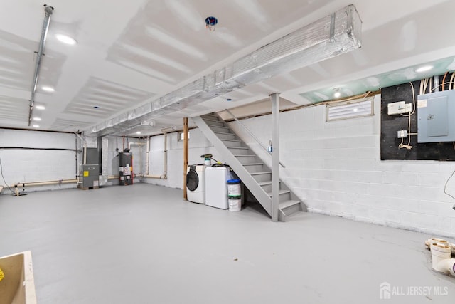 763 Gadek Pl, Perth Amboy, NJ 08861 - unfinished basement featuring electric panel, washing machine and dryer, heating unit, stairs, and water heater