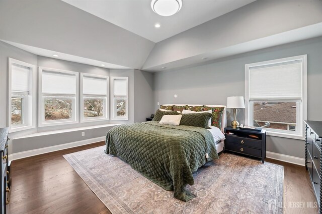 bedroom with vaulted ceiling and dark hardwood / wood-style floors