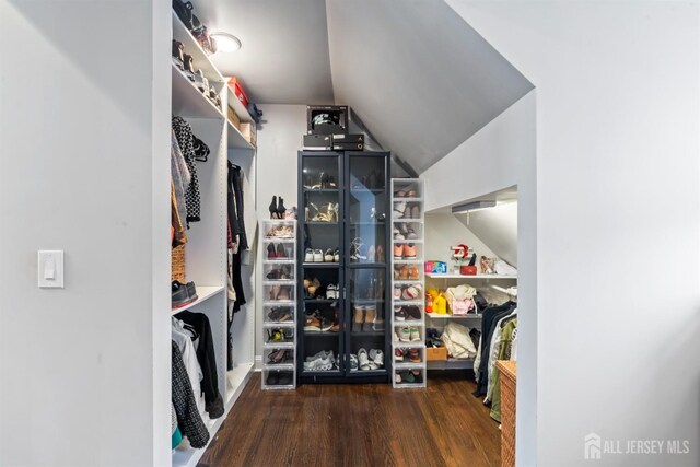 walk in closet featuring dark wood-type flooring and vaulted ceiling