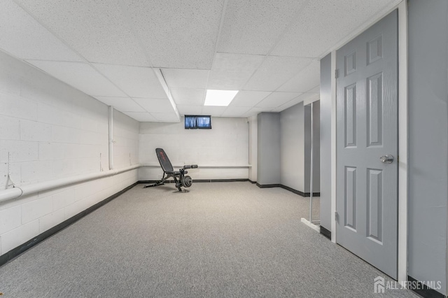 exercise room featuring carpet and concrete block wall