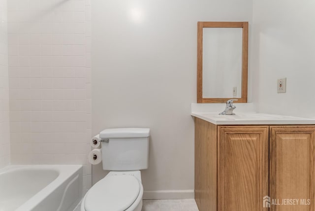 bathroom featuring shower / tub combination, tile patterned flooring, toilet, vanity, and baseboards