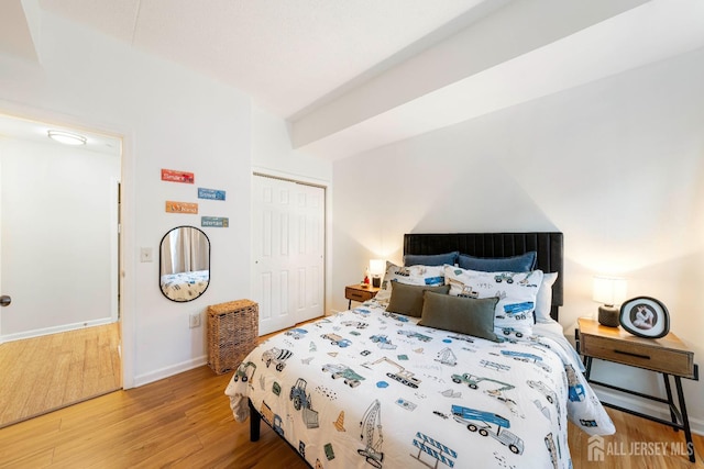 bedroom with wood finished floors, baseboards, and a closet