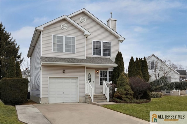 traditional-style home featuring an attached garage, concrete driveway, roof with shingles, a chimney, and a front yard