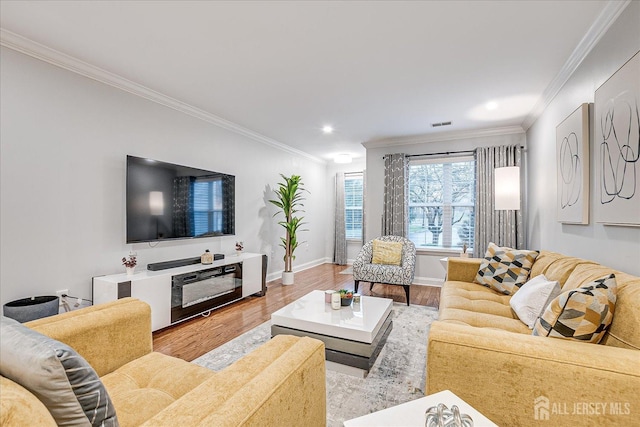 living room featuring crown molding and light wood-type flooring