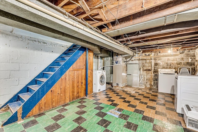 8 Macarthur Dr, Edison, NJ 08837 - unfinished below grade area featuring tile patterned floors, washer and clothes dryer, stairway, and heating unit