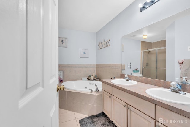 12 Jeremy Way, Old Bridge, NJ 08857 - full bathroom with tile patterned floors, a shower stall, a garden tub, and double vanity