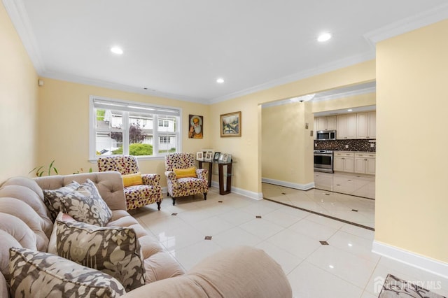 55 Nottingham Dr, Old Bridge, NJ 08857 - living room with light tile patterned floors, ornamental molding, and recessed lighting