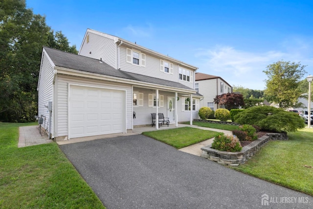 55 Nottingham Dr, Old Bridge, NJ 08857 - traditional-style home with an attached garage, a front lawn, asphalt driveway, and a porch
