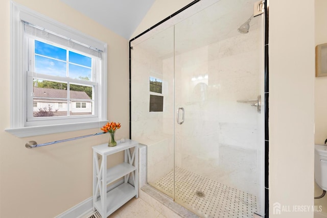 55 Nottingham Dr, Old Bridge, NJ 08857 - bathroom featuring a shower stall and lofted ceiling