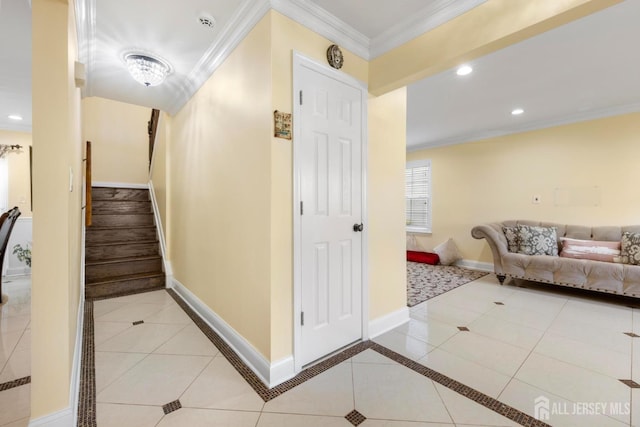 55 Nottingham Dr, Old Bridge, NJ 08857 - hall featuring light tile patterned flooring, stairs, crown molding, recessed lighting, and inlaid floor details