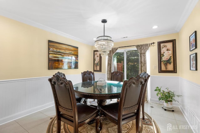 55 Nottingham Dr, Old Bridge, NJ 08857 - dining area with a wainscoted wall, a chandelier, light tile patterned floors, crown molding, and recessed lighting