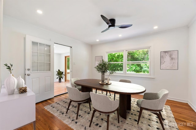 299 Riva Ave, East Brunswick, NJ 08850 - dining area featuring wood finished floors, recessed lighting, a ceiling fan, and baseboards