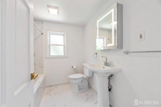 299 Riva Ave, East Brunswick, NJ 08850 - bathroom with toilet, marble finish flooring, baseboards, and bathtub / shower combination
