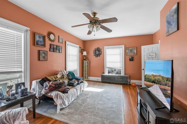 bedroom featuring light hardwood / wood-style flooring, multiple windows, radiator heating unit, and ceiling fan