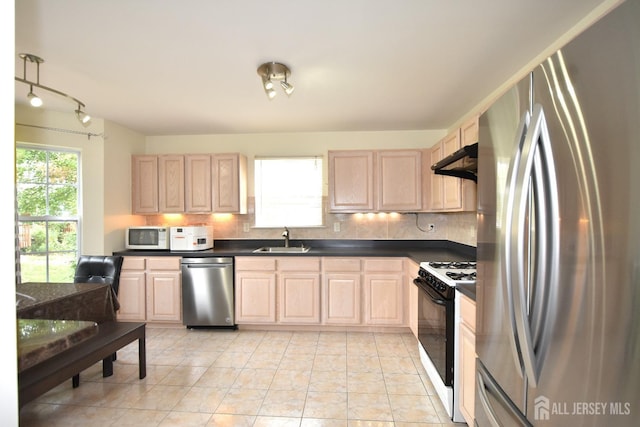 kitchen featuring sink, stainless steel appliances, light brown cabinetry, and tasteful backsplash