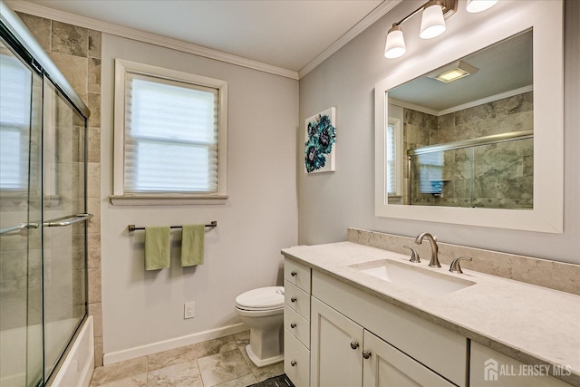 207 Dellwood Rd, Metuchen, NJ 08840 - bathroom with ornamental molding, baseboards, vanity, toilet, and combined bath / shower with glass door