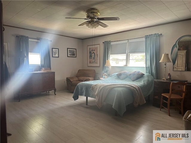 56 Harvey Cir E, Brunswick, NJ 08816 - bedroom with light wood-style floors, a ceiling fan, and crown molding