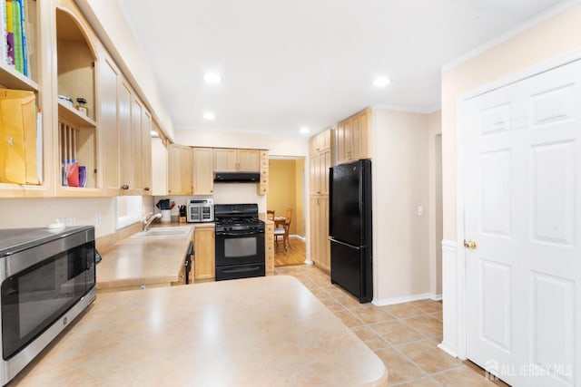 2001 Grant Ave, South Plainfield, NJ 07080 - kitchen with black appliances, light brown cabinets, under cabinet range hood, light countertops, and light tile patterned flooring