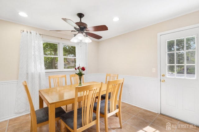 2001 Grant Ave, South Plainfield, NJ 07080 - dining space featuring wainscoting, a ceiling fan, light tile patterned floors, and recessed lighting