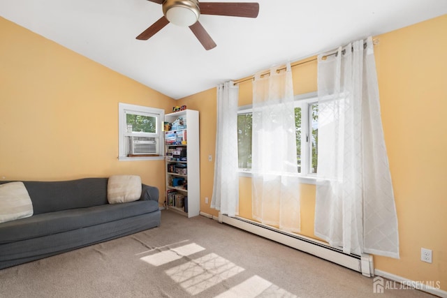 2001 Grant Ave, South Plainfield, NJ 07080 - living area featuring a baseboard radiator, carpet flooring, a ceiling fan, lofted ceiling, and cooling unit