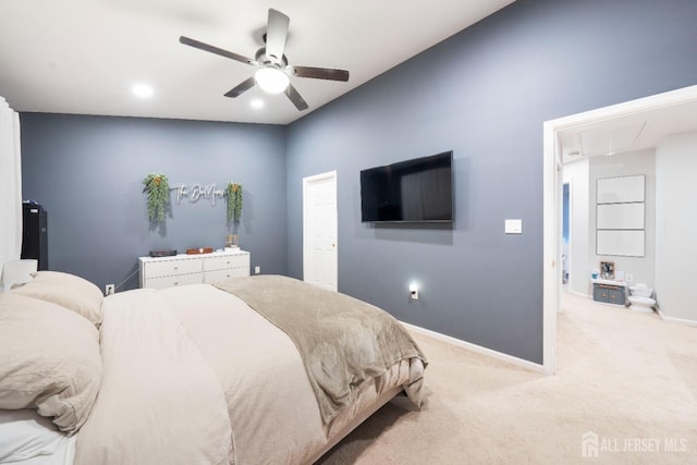 bedroom with carpet, recessed lighting, attic access, a ceiling fan, and baseboards