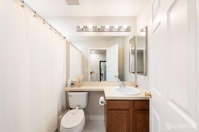 bathroom with tile patterned flooring, visible vents, vanity, and toilet