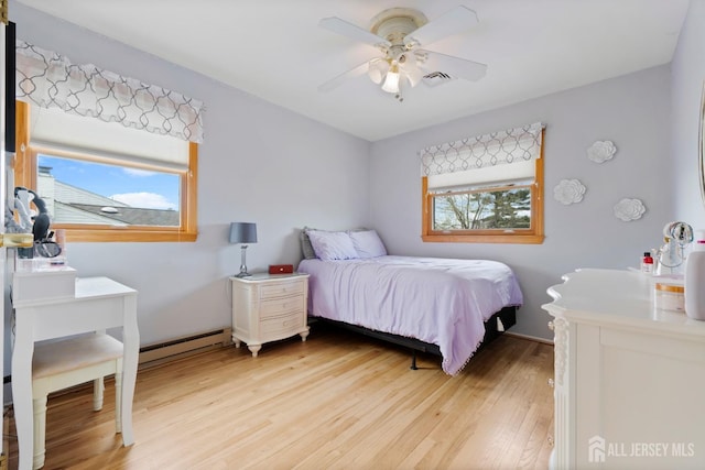 bedroom with light wood finished floors and ceiling fan
