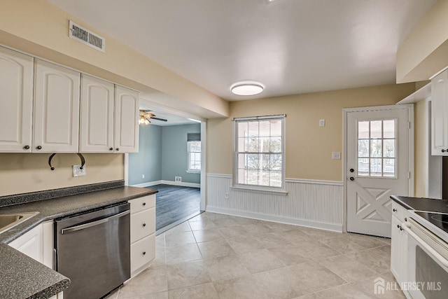 kitchen with sink, ceiling fan, white cabinetry, electric range, and stainless steel dishwasher