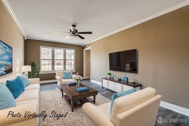 living room featuring crown molding, ceiling fan, and hardwood / wood-style flooring