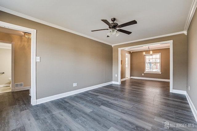 spare room with dark wood-type flooring, ceiling fan, and ornamental molding