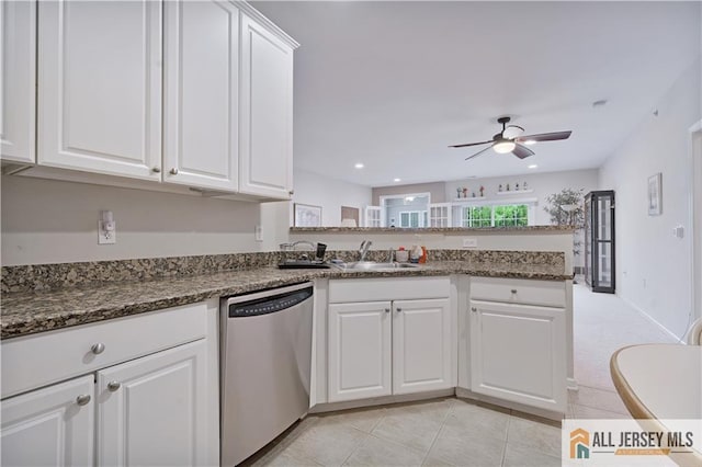 540 Cranbury Rd Unit 442, East Brunswick, NJ 08816 - kitchen featuring dishwasher, a peninsula, ceiling fan, white cabinetry, and light tile patterned flooring