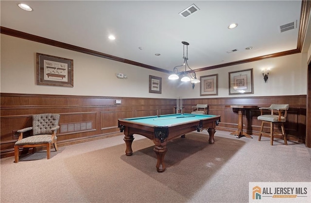 540 Cranbury Rd Unit 442, East Brunswick, NJ 08816 - recreation room with carpet floors, ornamental molding, pool table, a wainscoted wall, and recessed lighting